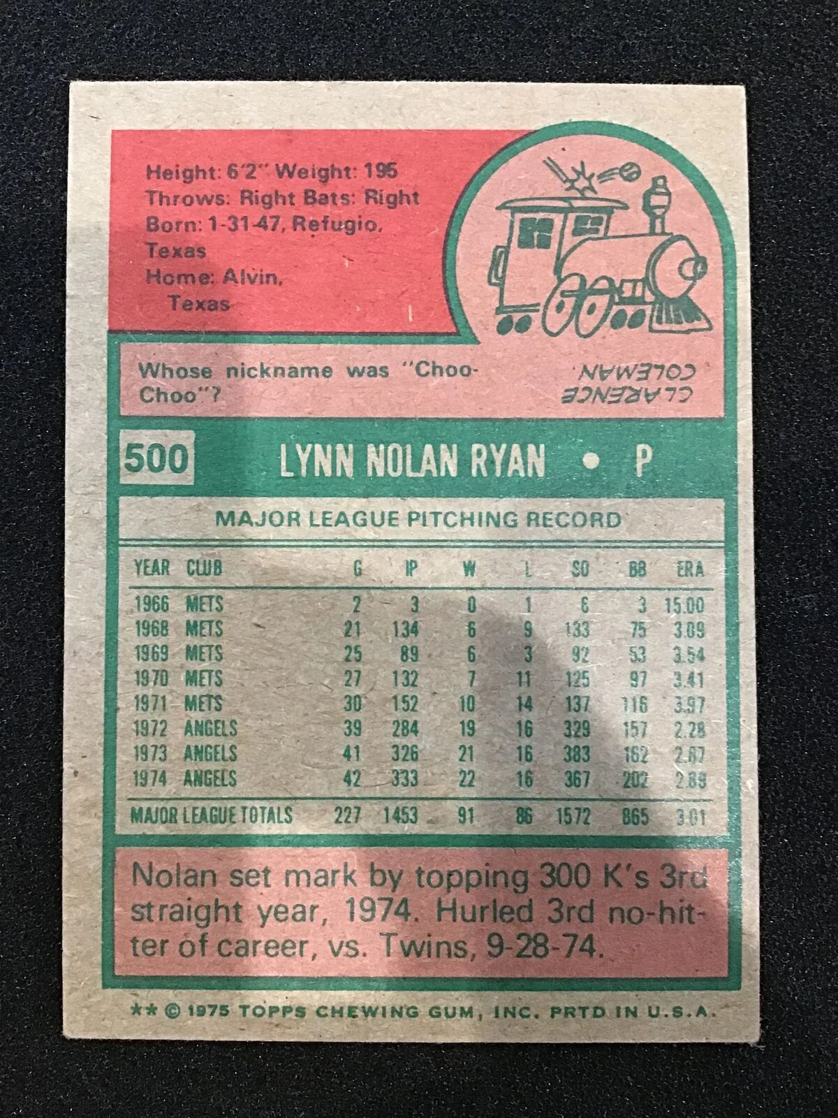 Nolan Ryan 1975 Topps Mini #500 - California Angels - Image 2