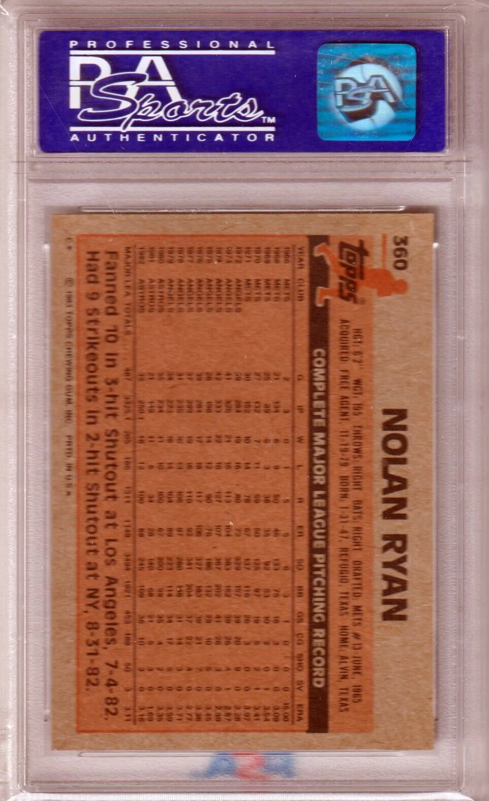 NOLAN RYAN 1983 Topps #360 PSA 8 NM-MT - ASTROS - Image 2