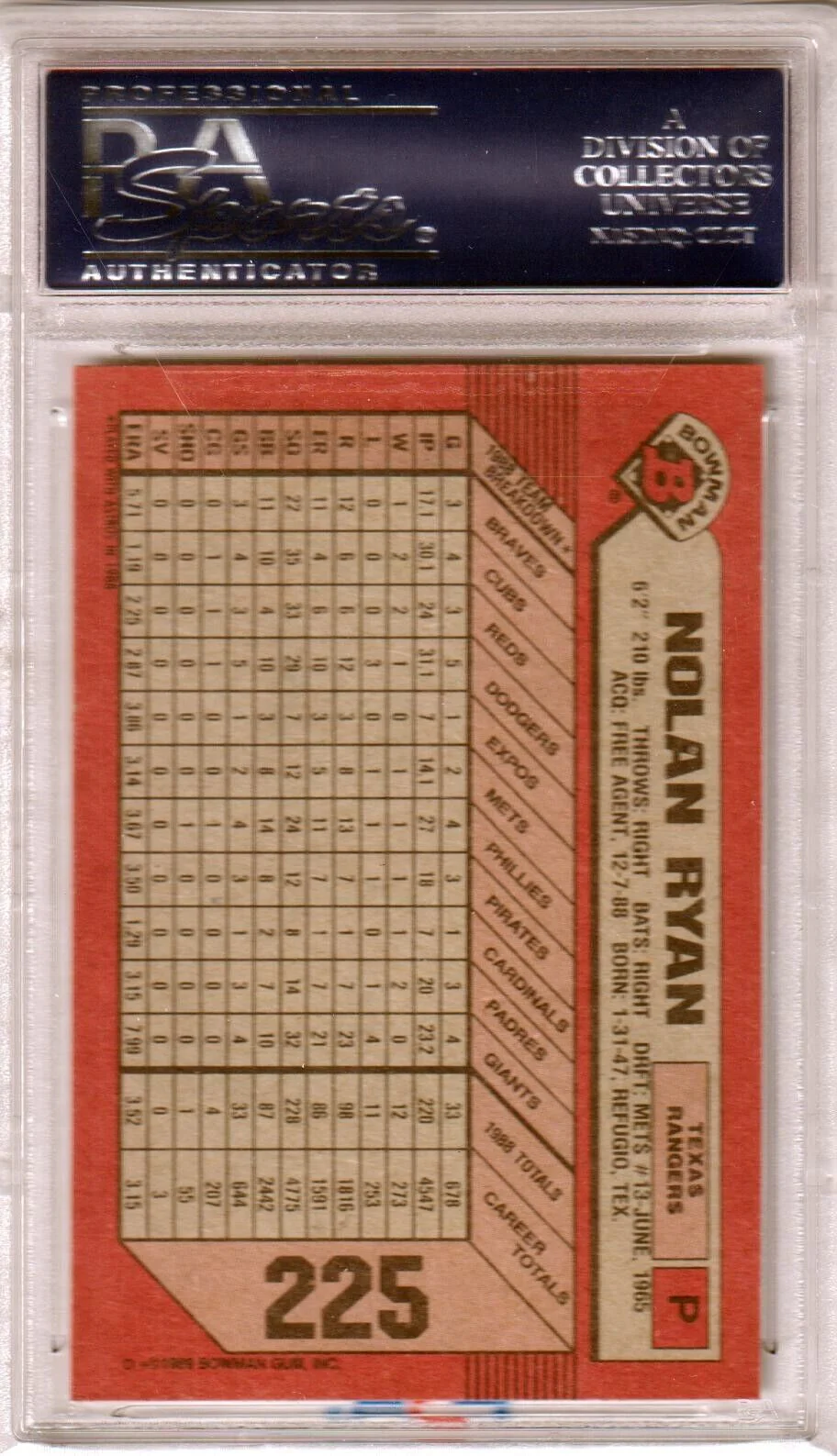 NOLAN RYAN 1989 Bowman #225 PSA 10 GEM MINT - RANGERS - Image 2