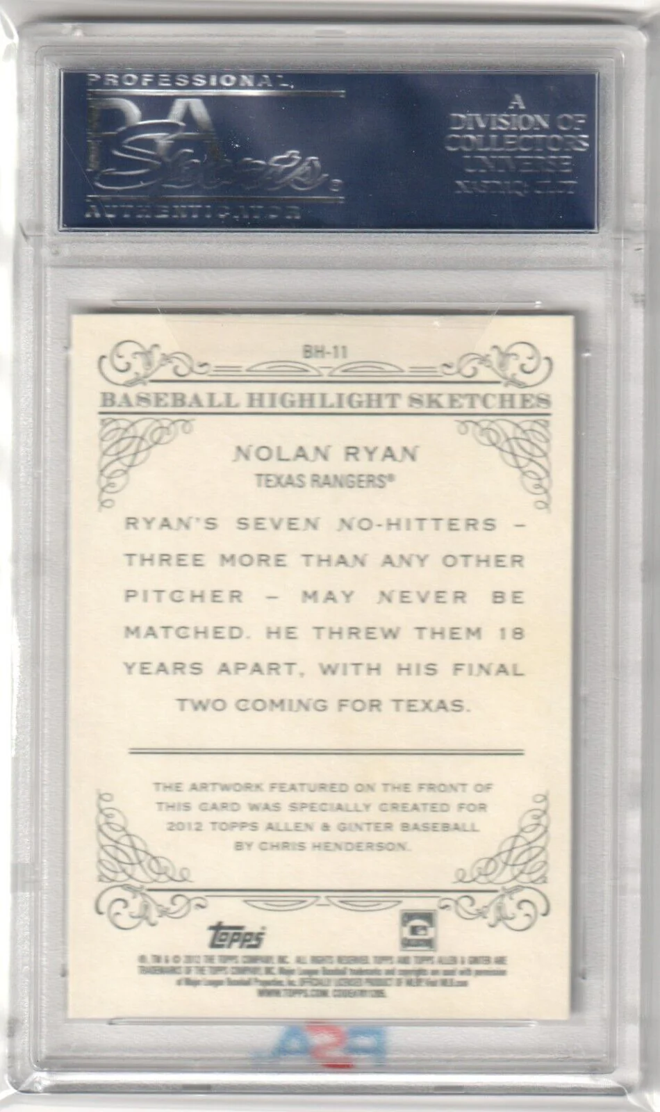 NOLAN RYAN 2012 Topps Allen & Ginter Autograph Auto #BH-11 PSA Authentic RANGERS - Image 2