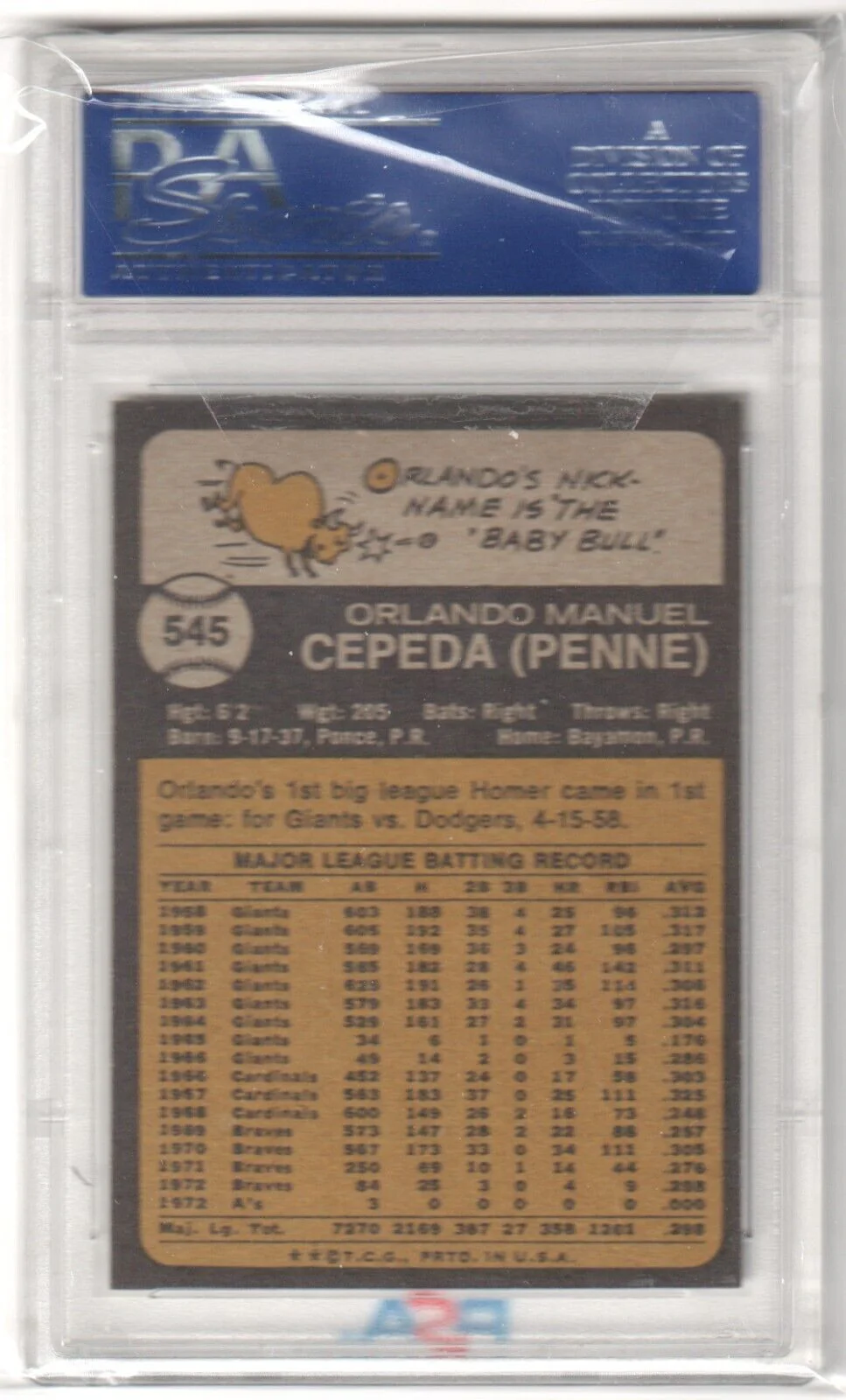 ORLANDO CEPEDA 1973 Topps #545 PSA 7 NM - ATHLETICS - Image 2