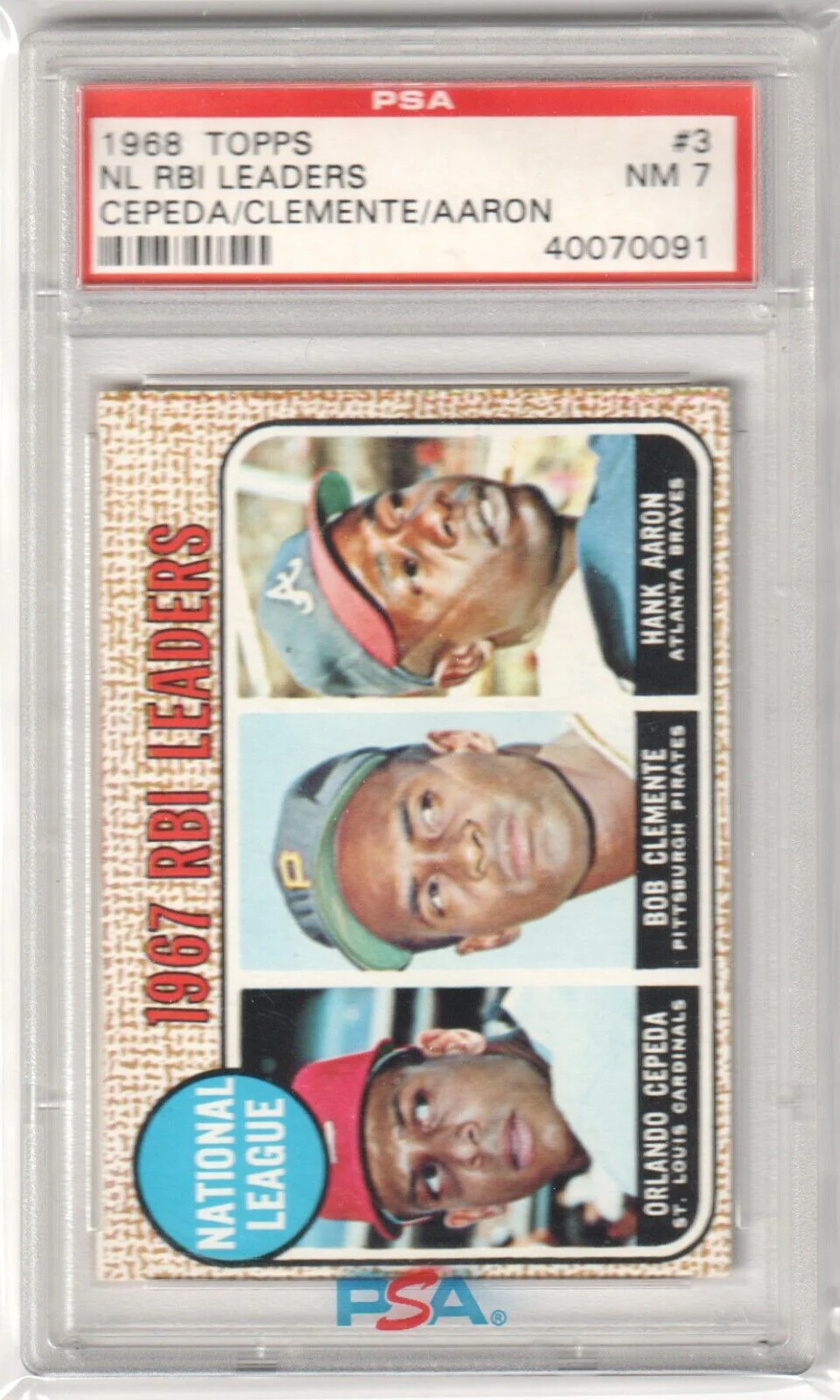 ORLANDO CEPEDA ROBERTO CLEMENTE HANK AARON 1968 Topps RBI Leaders #3 PSA 7 NM