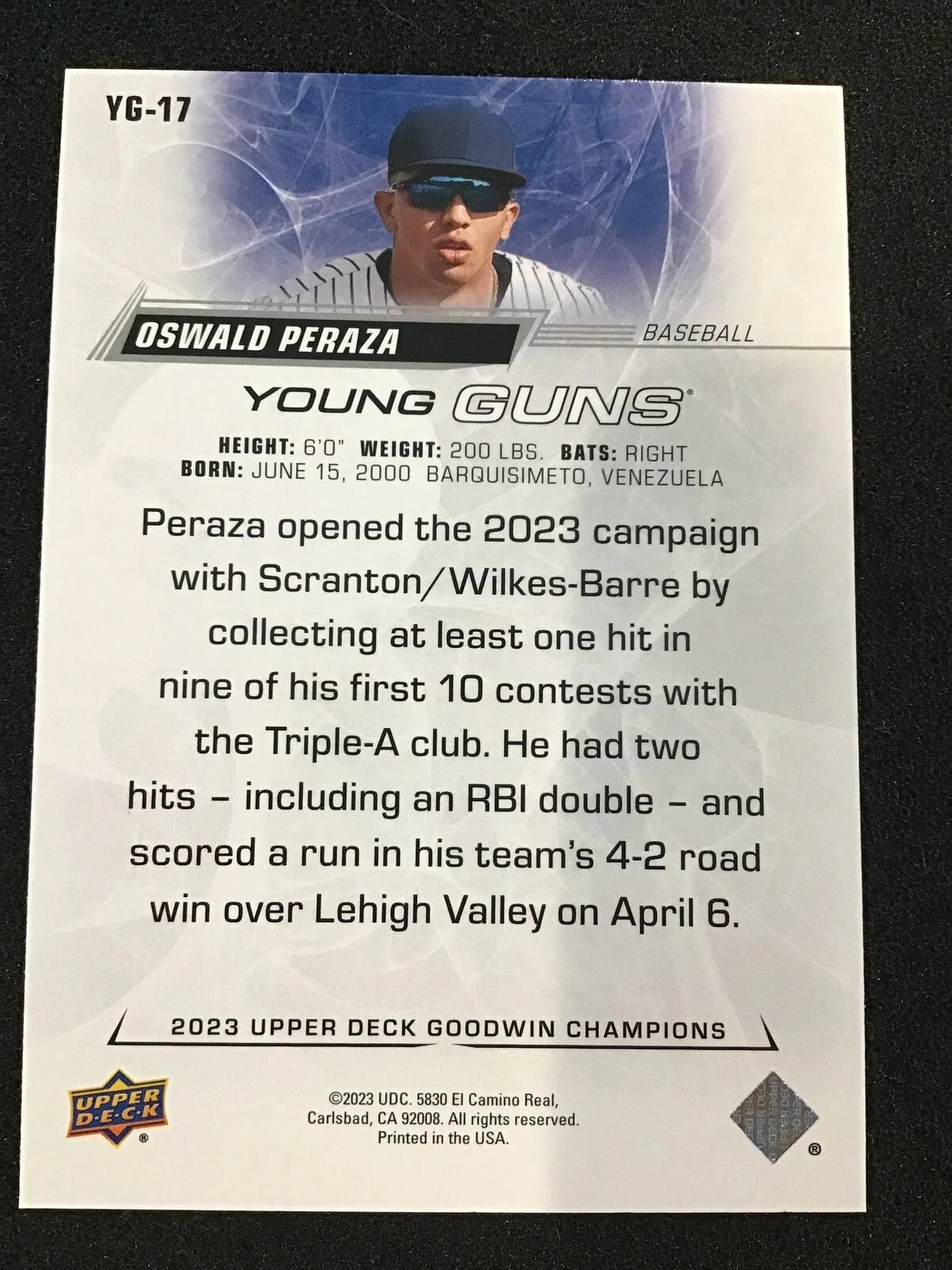 Oswald Peraza 2023 Upper Deck Goodwin Champions Young Guns YG-17 - Image 2