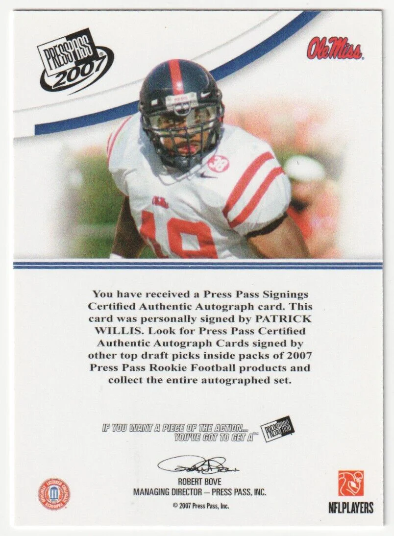 PATRICK  WILLIS 2007 Press Pass Autograph Auto RC Rookie - 49ERS - Image 2