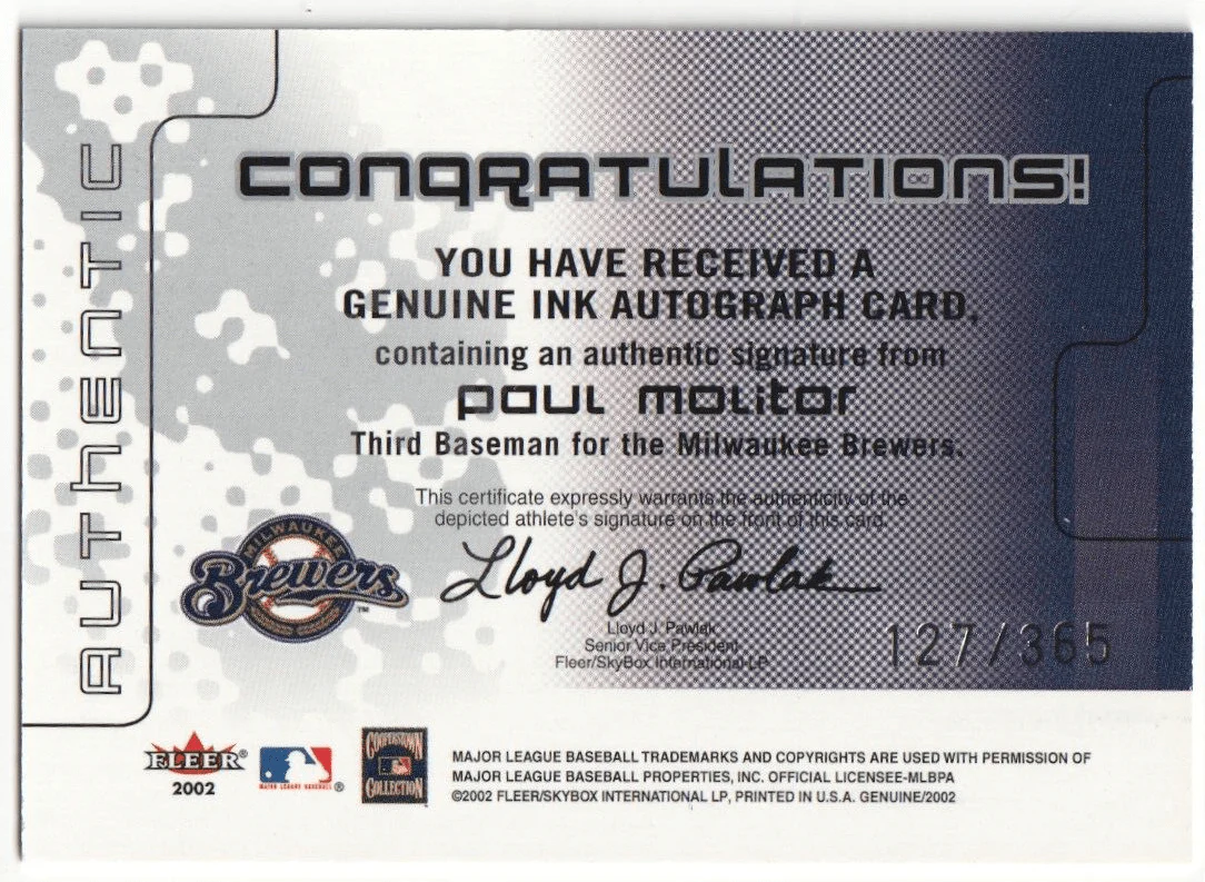 PAUL MOLITOR 2002 Fleer Genuine Autograph Auto SP #/365 - BREWERS - Image 2