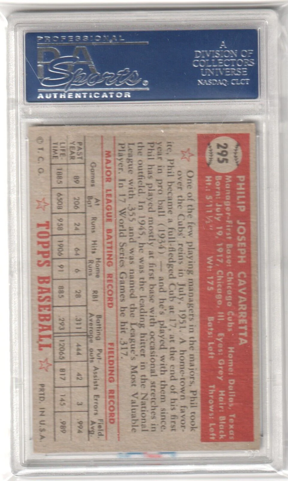 PHIL CAVARRETTA 1952 Topps #295 PSA 6 EX-MT - CUBS - Image 2