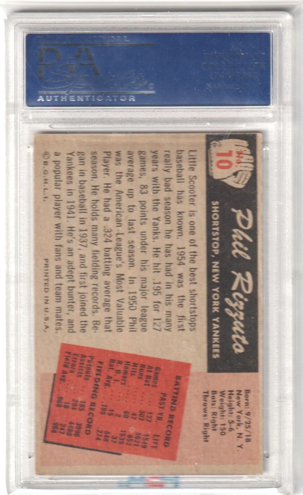 PHIL RIZZUTO 1955 Bowman #10 PSA 7 NM - YANKEES - Image 2