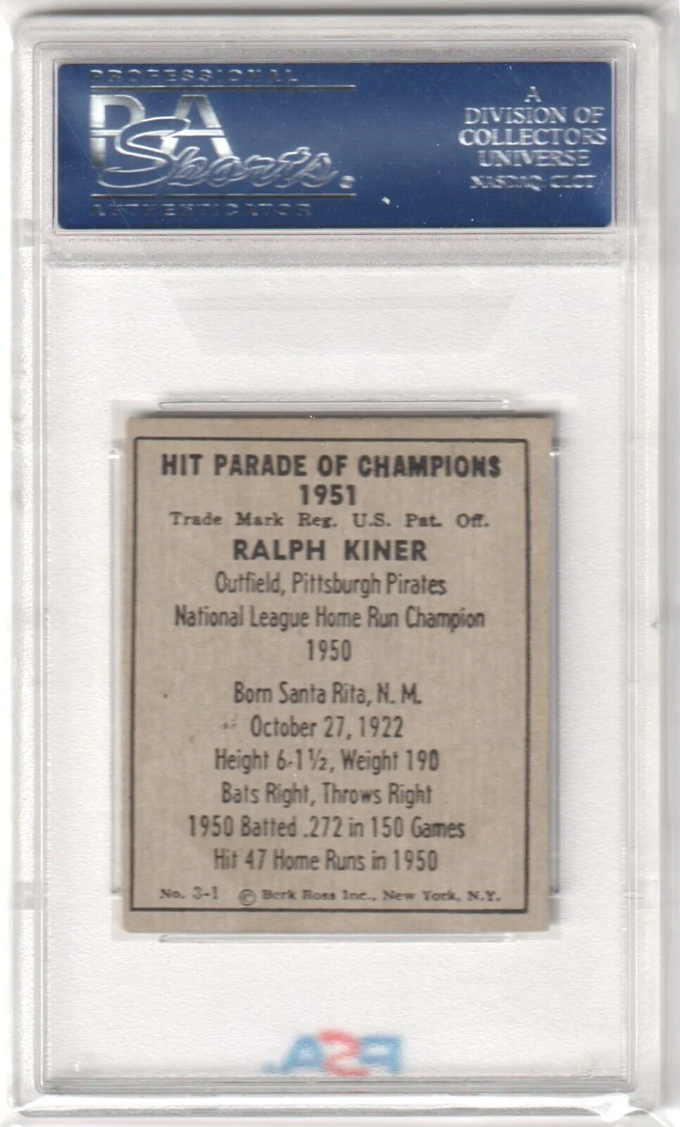 RALPH KINER 1951 Berk Ross #3-1 PSA 7 NM - PIRATES POP 8 - Image 2