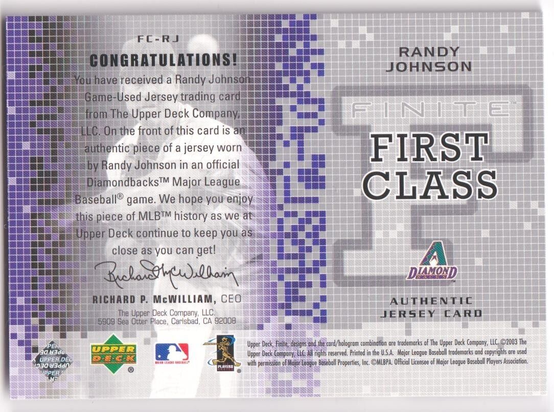 RANDY JOHNSON 2003 Upper Deck Finite First Class Game Used Jersey - DIAMONDBACKS - Image 2