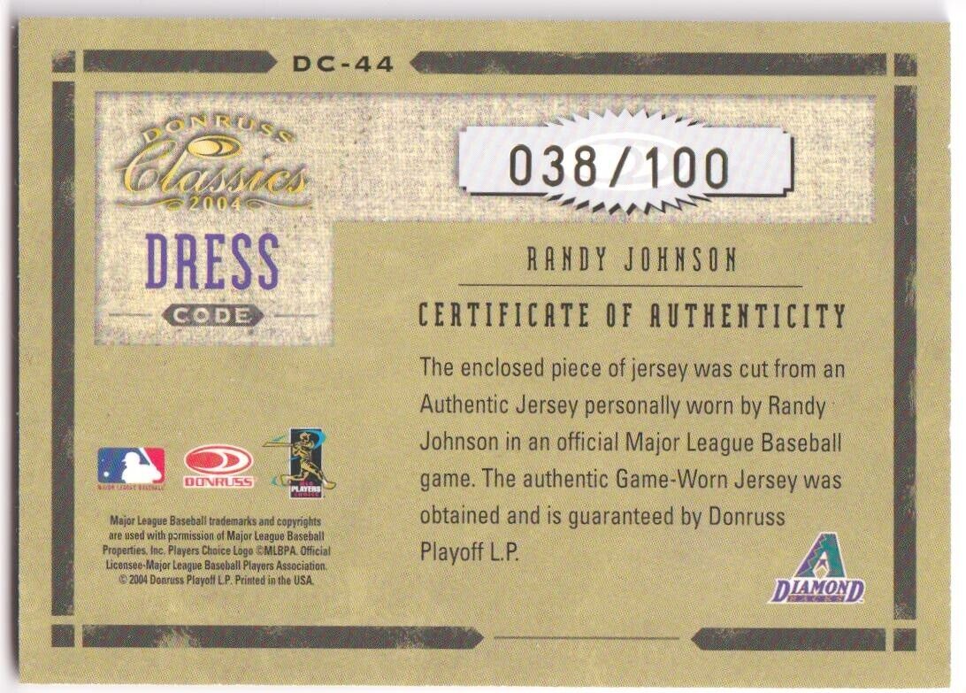 RANDY JOHNSON 2004 Donruss Classics Dual Game Used Jersey SP #/100 DIAMONDBACKS - Image 2