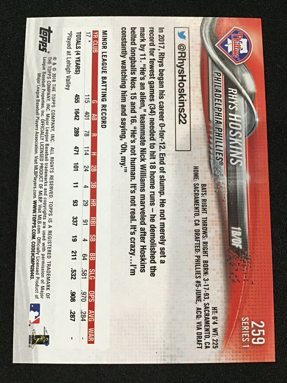 Rhys Hoskins 2018 Topps 259b RC Photo Variation SP Phillies - Image 2