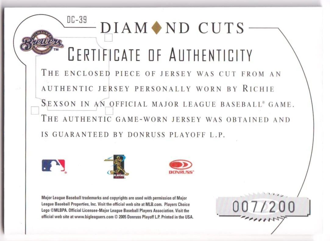 RICHIE SEXSON 2005 Donruss Diamond Kings Game Used Jersey #/200 - BREWERS - Image 2