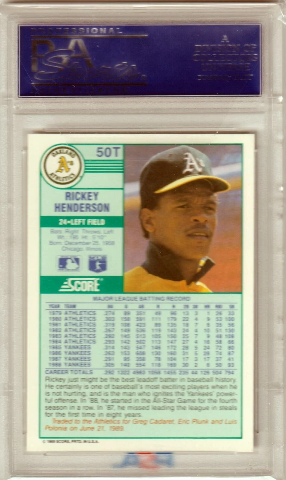 RICKEY HENDERSON 1989 Score Traded #50T PSA 10 GEM MINT - ATHLETICS - Image 2