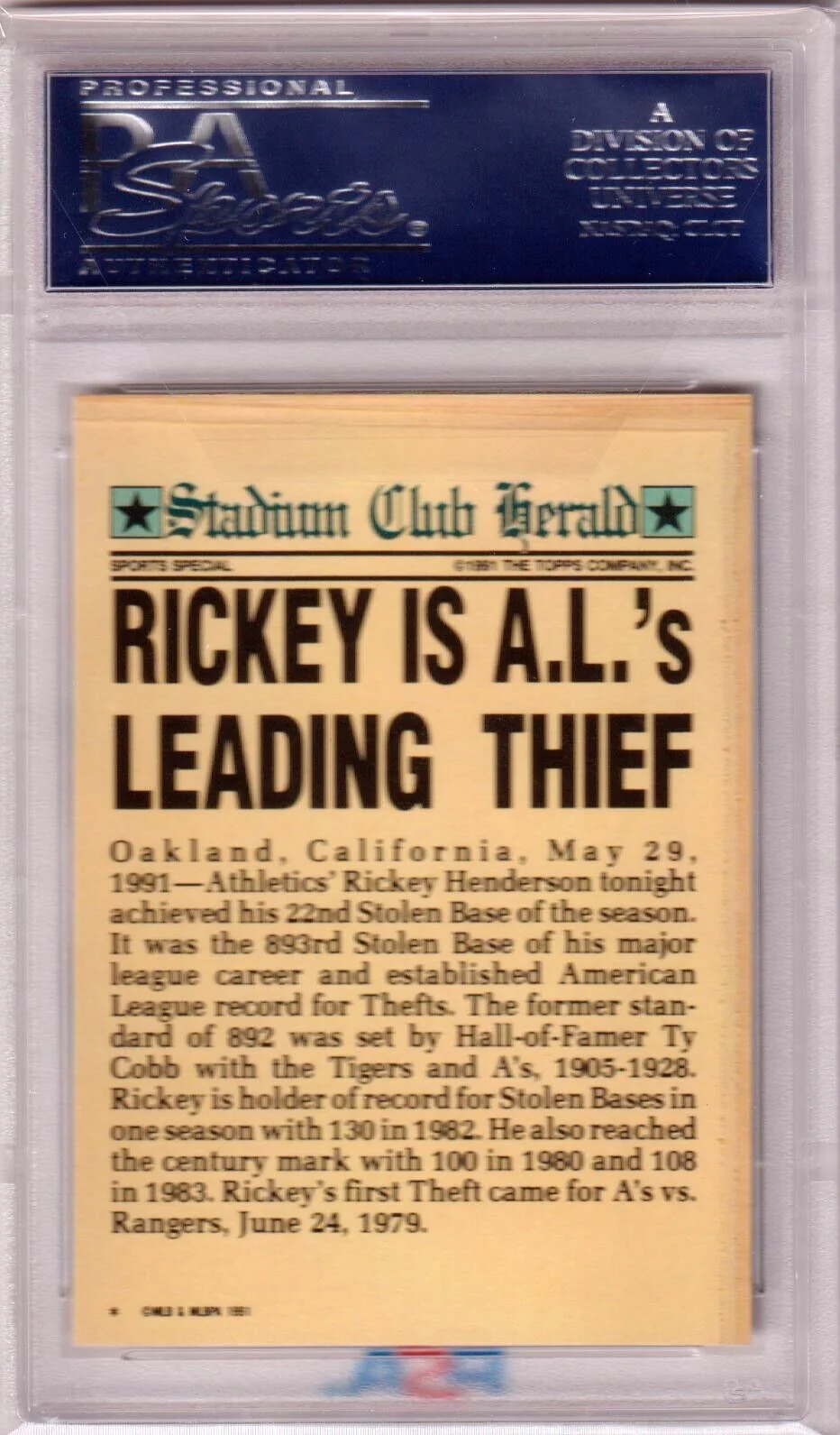 RICKEY HENDERSON 1991 Stadium Club Charter Member PSA 10 GEM MINT ATHLETICS - Image 2