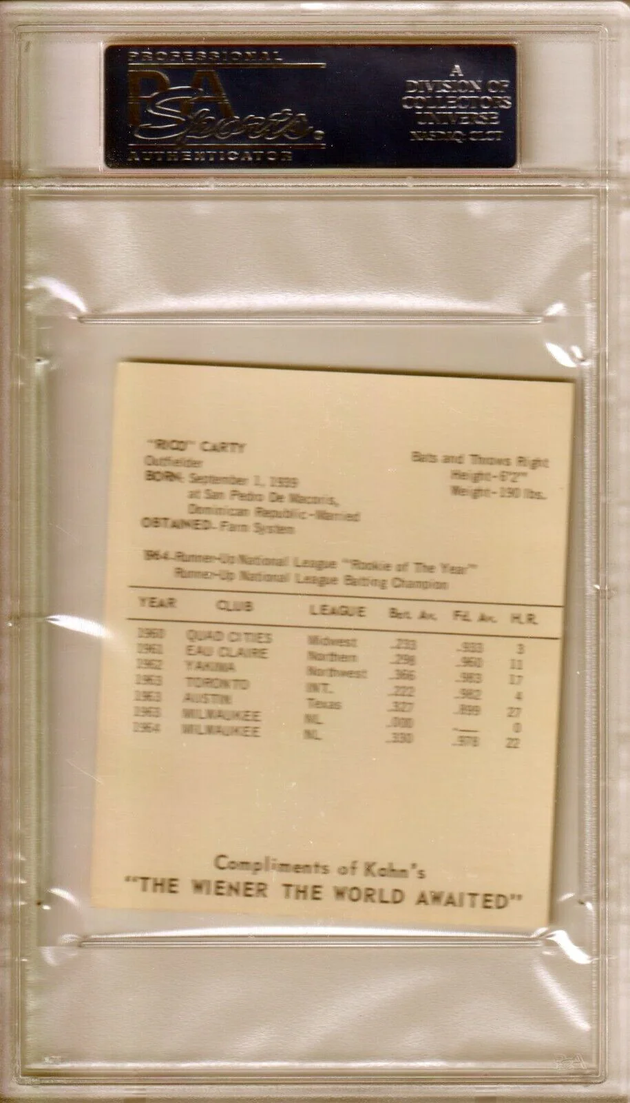 RICO CARTY 1965 Kahn's Wieners PSA 9 MINT - BRAVES - Image 2