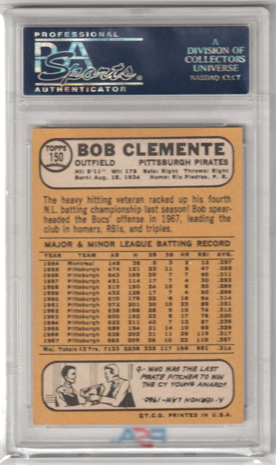 ROBERTO CLEMENTE 1968 Topps #150 PSA 7 NM-MT - PIRATES - Image 2