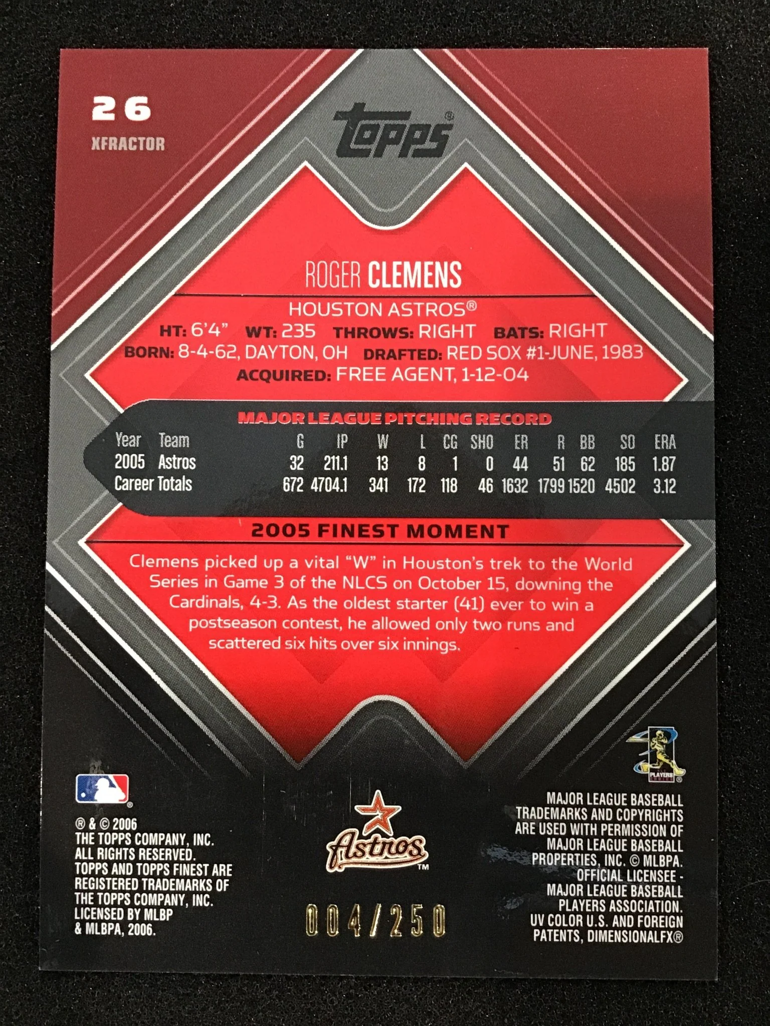 Roger Clemens 2006 Topps Finest Red Xfractor /250 #26 SP Astros - Image 2