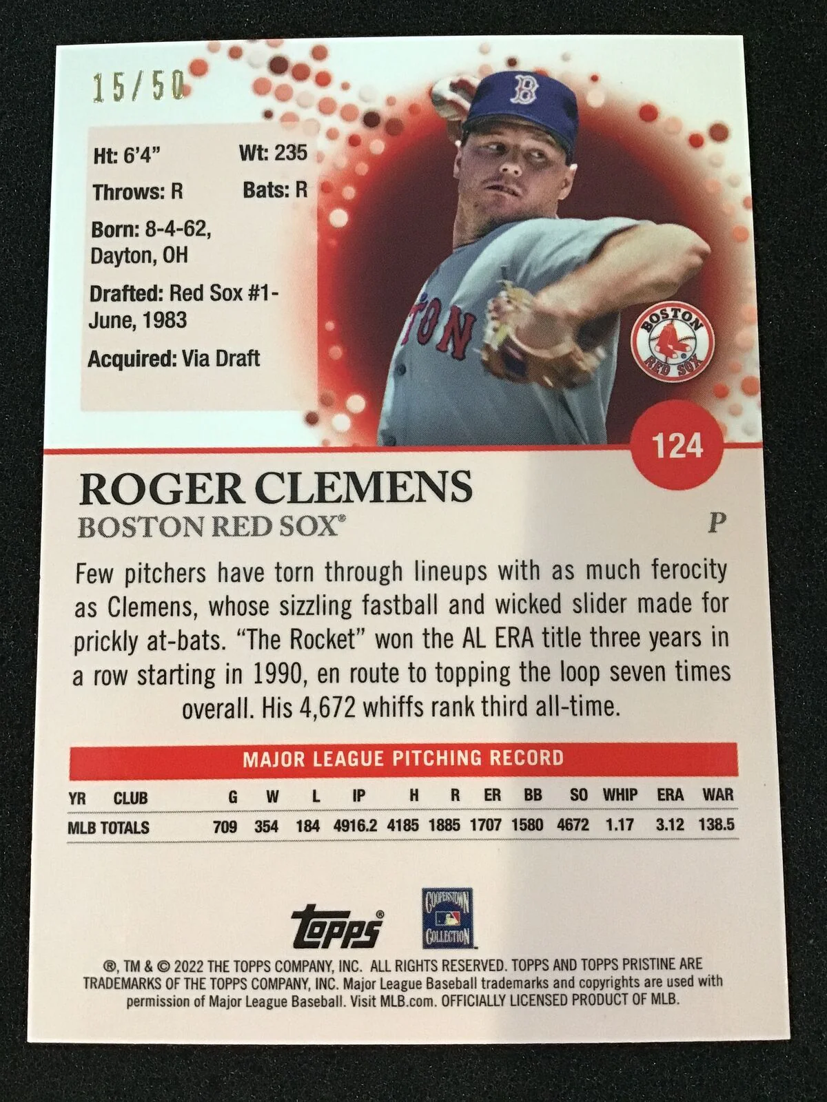 Roger Clemens 2022 Topps Pristine 124 Pristine Gold Refractor /50 Red Sox - Image 2