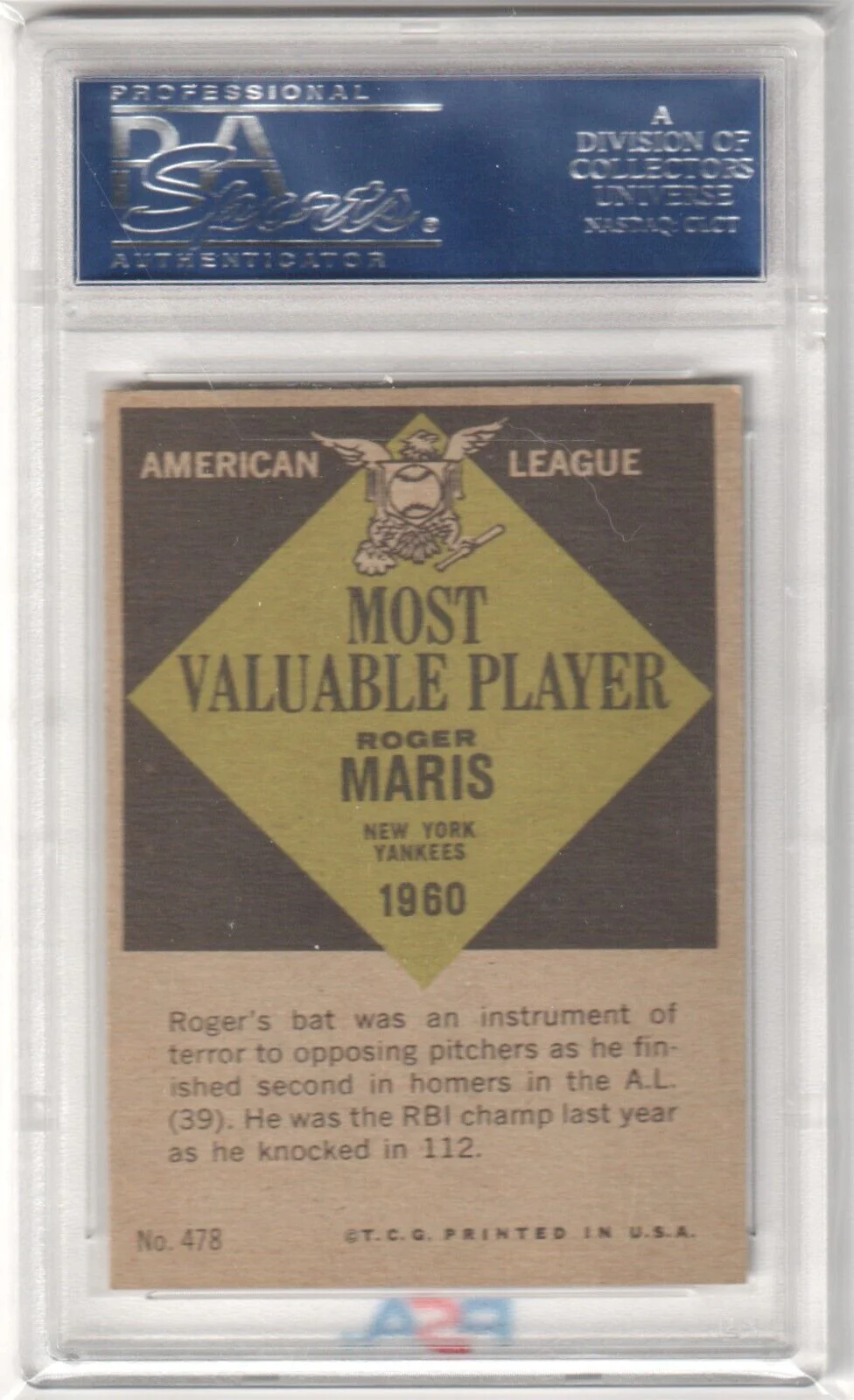 ROGER MARIS 1961 Topps MVP #478 PSA 7 NM - YANKEES - Image 2