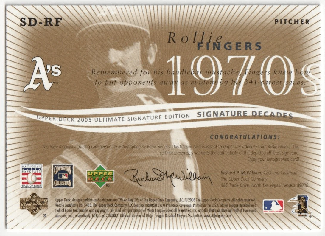 ROLLIE FINGERS 2005 Upper Deck Signature Autograph Auto - ATHLETICS - Image 2