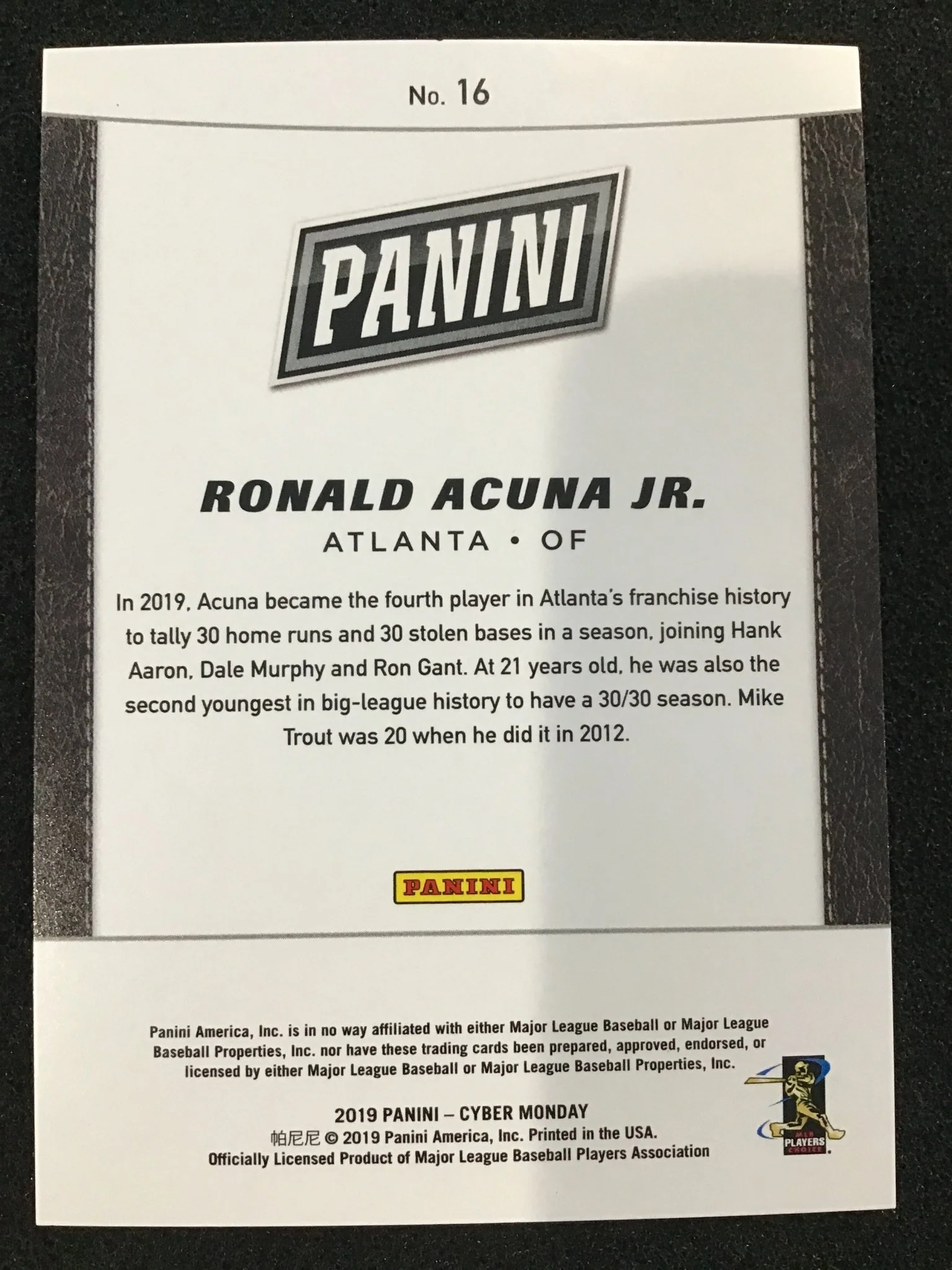 Ronald Acuna Jr. 2019 Panini Cyber Monday #16 Future Frames /99 SP Braves - Image 2