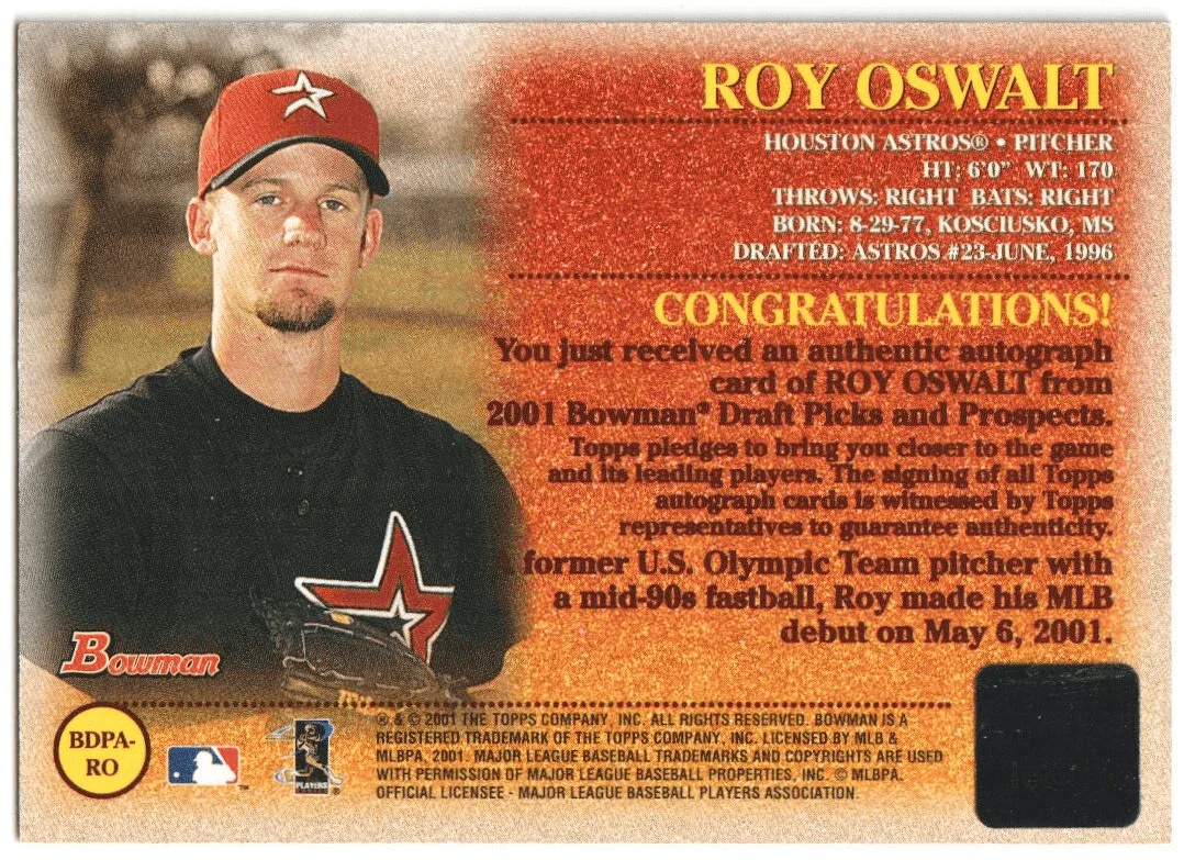 ROY OSWALT 2001 Bowman Draft Picks & Prospects Autograph Auto - ASTROS - Image 2