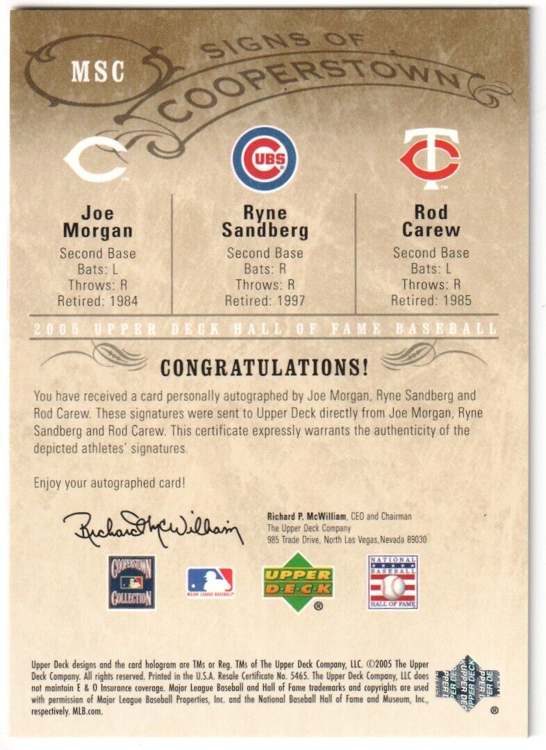 RYNE SANDBERG JOE MORGAN ROD CAREW 2005 Upper Deck Signs Autograph Auto #/5 - Image 2