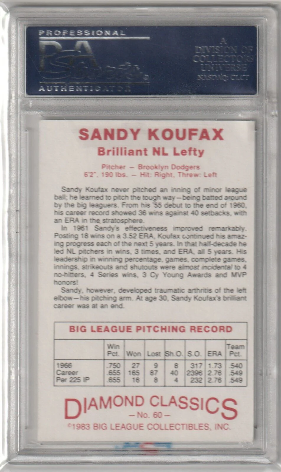 SANDY KOUFAX 1983 Big League Collectibles Autograph Auto PSA / DNA - DODGERS - Image 2
