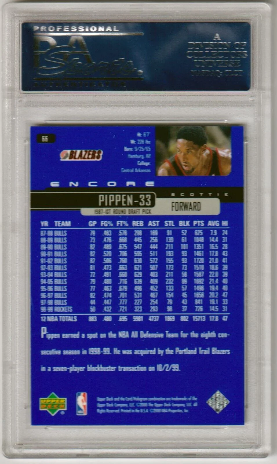 SCOTTIE PIPPEN 1999-00 Upper Deck Encore #66 PSA 10 GEM MINT - BLAZERS - Image 2