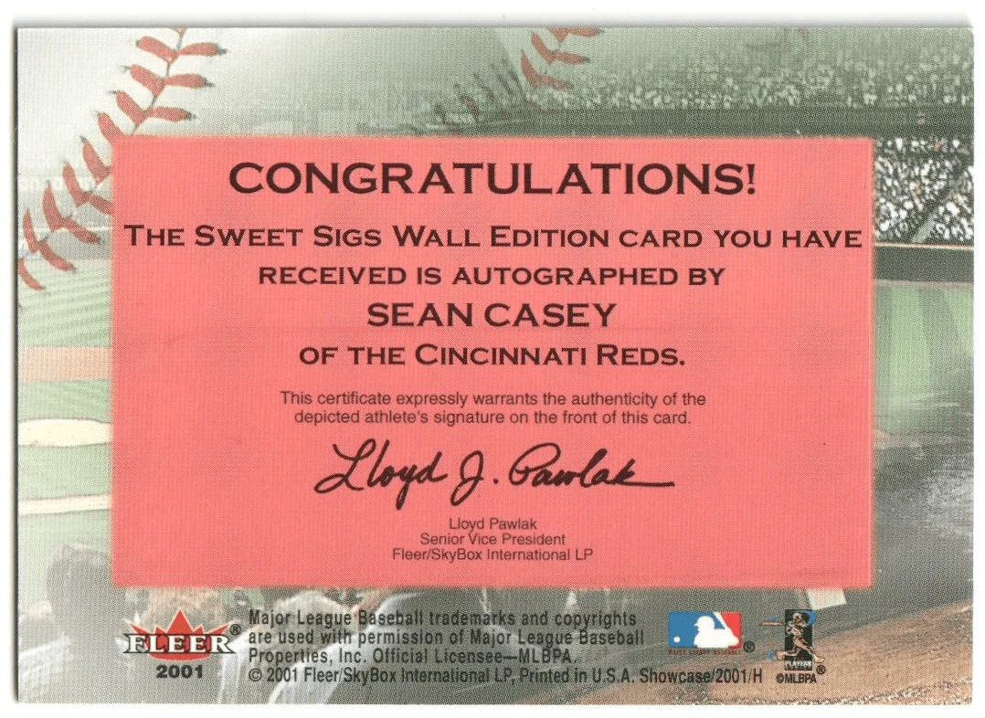 SEAN CASEY 2001 Fleer Showcase Sweet Sigs Autograph Auto - REDS - Image 2