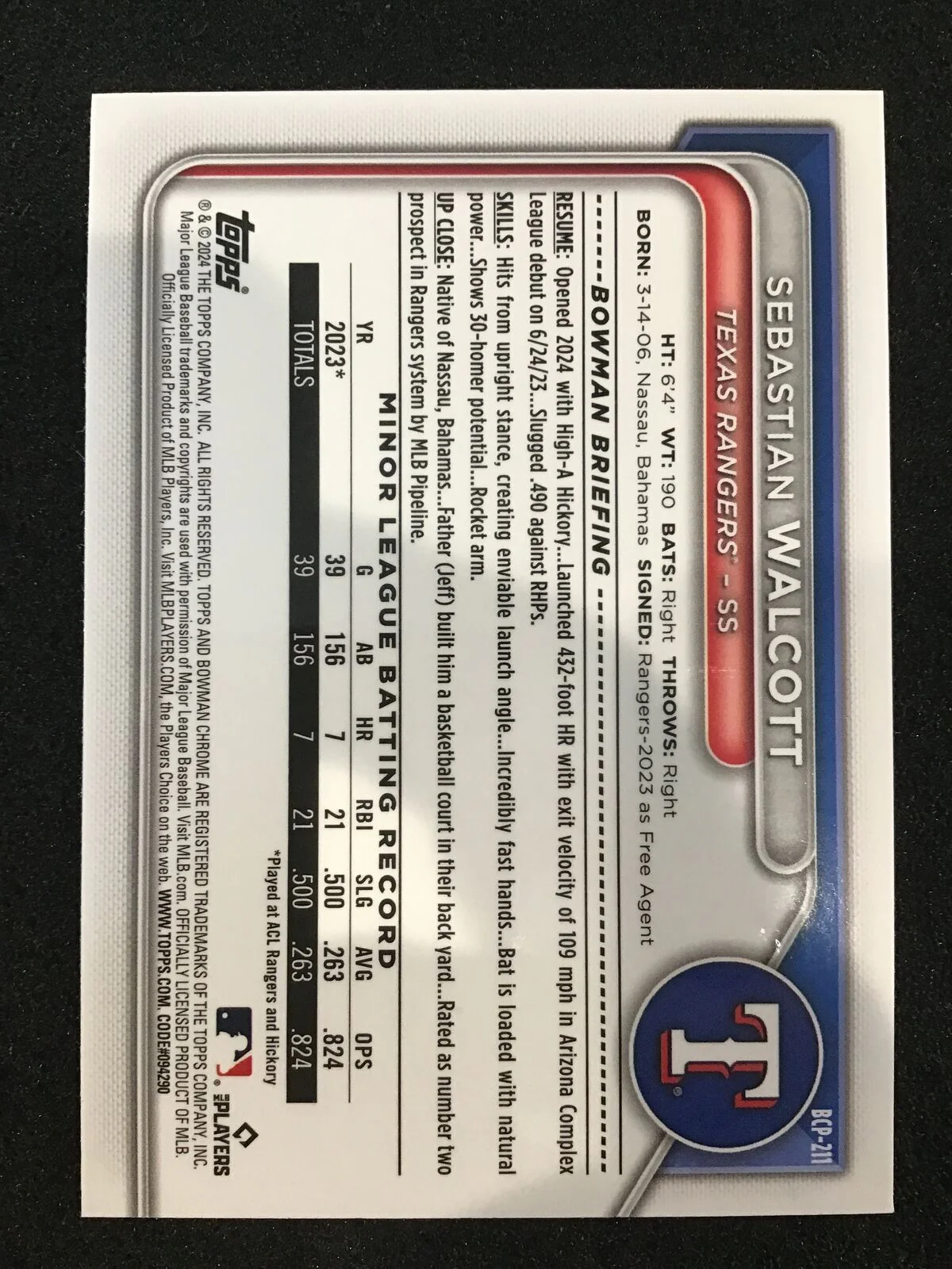 SEBASTIAN WALCOTT 2024 Bowman Chrome Blue Mojo /150 SP Rangers - Image 2