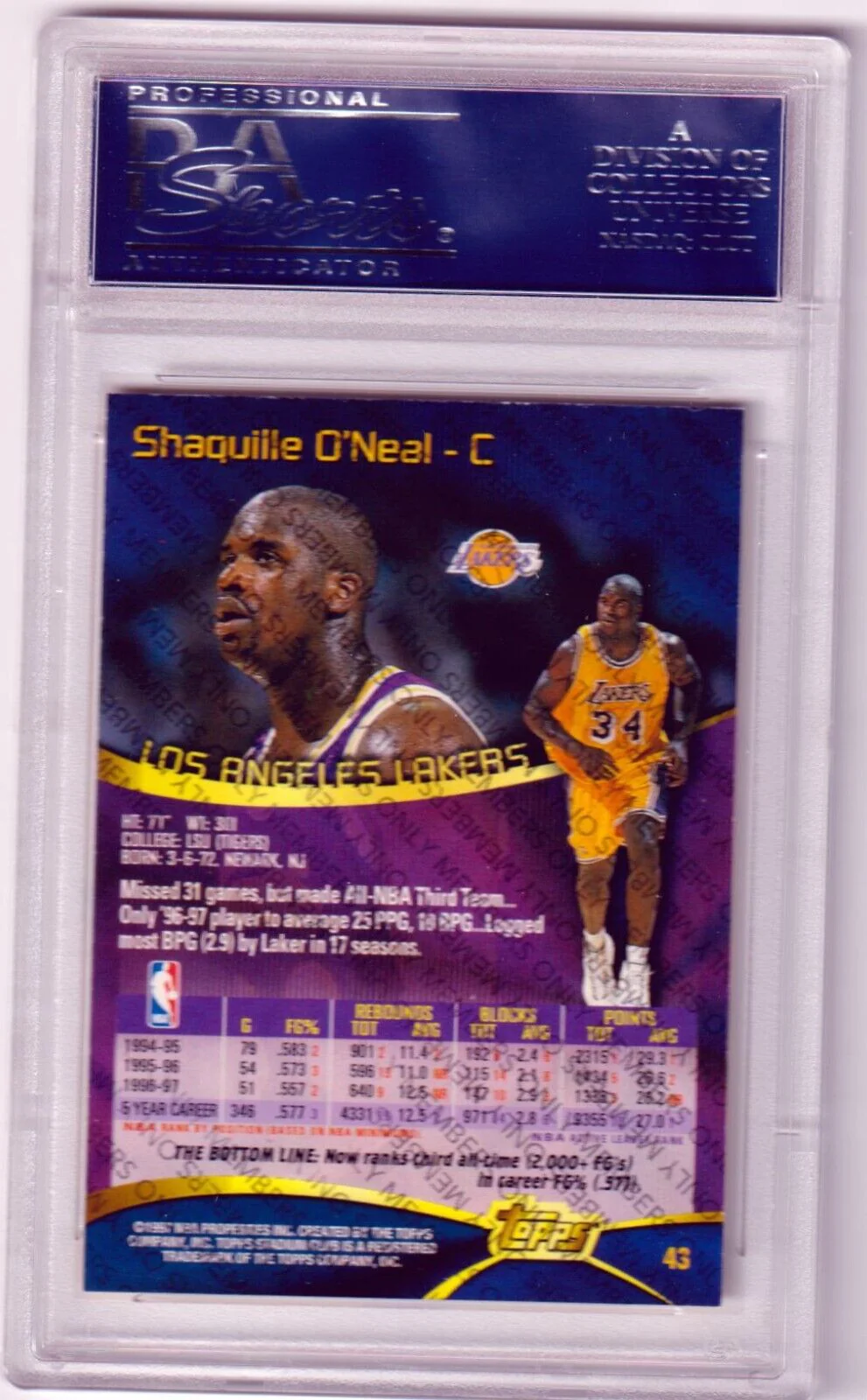 SHAQUILLE O'NEAL 1997-98 Stadium Club Members Only #43 PSA 10 GEM MINT - POP 1 - Image 2