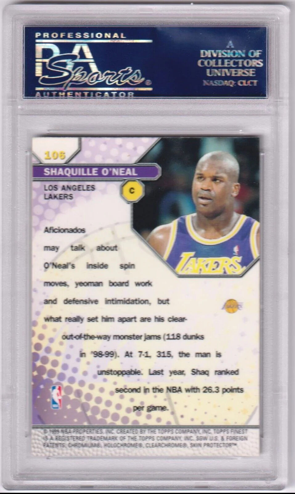 SHAQUILLE O'NEAL 1999-00 Topps Finest #106 PSA 10 GEM MINT - LAKERS - Image 2