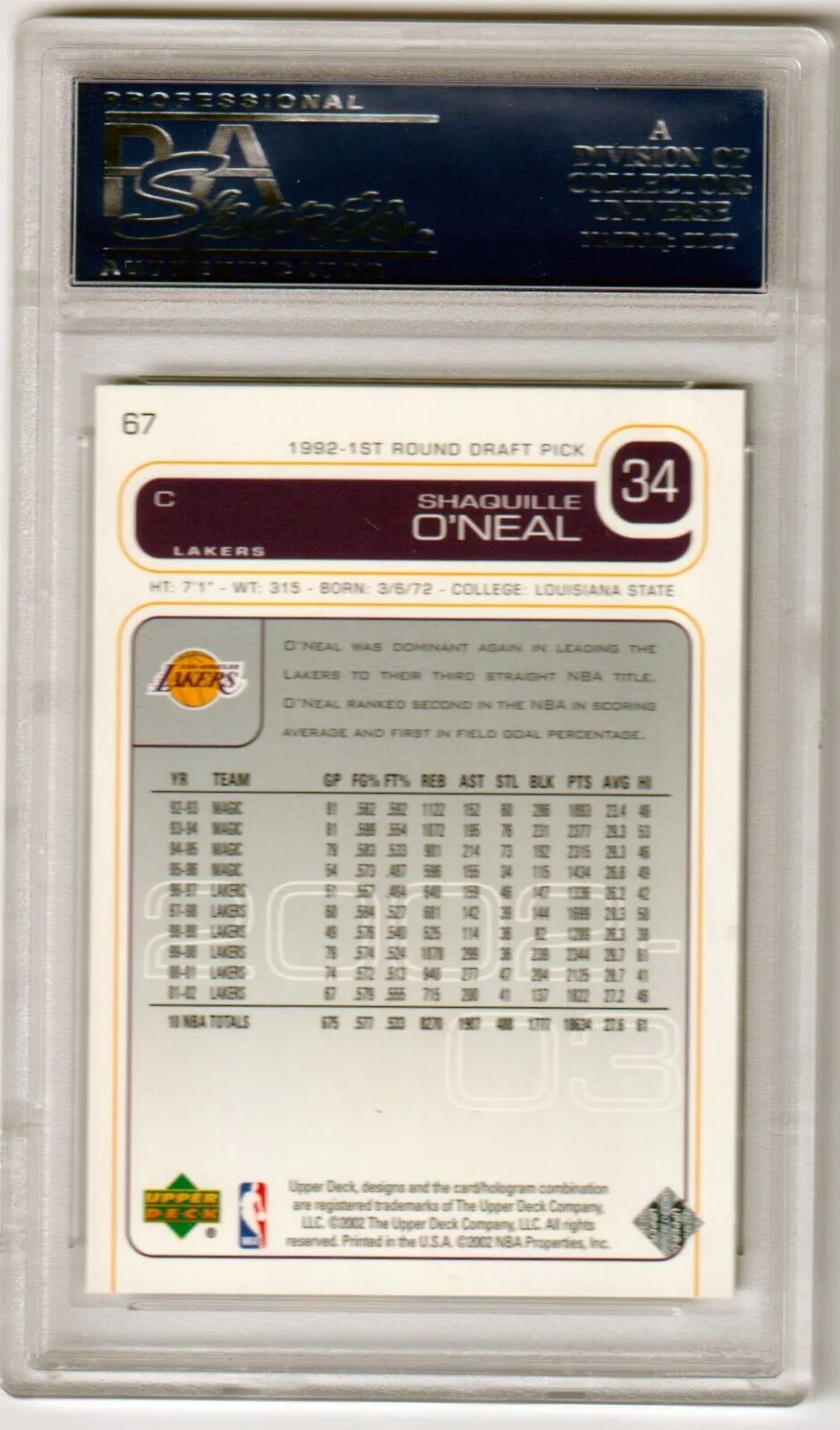 SHAQUILLE O'NEAL 2002-03 Upper Deck #67 PSA 10 GEM MINT - LAKERS POP 12 - Image 2