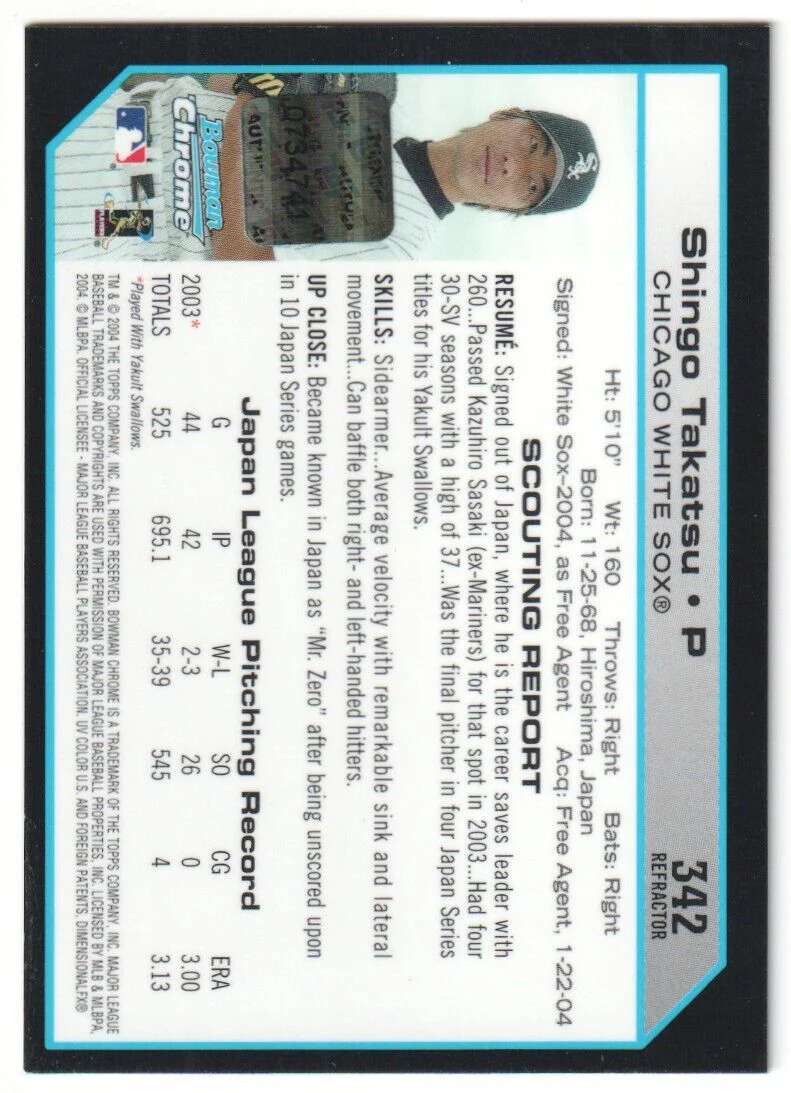 SHINGO TAKATSU 2004 Bowman Chrome First Year Autograph Auto Refractor - Image 2