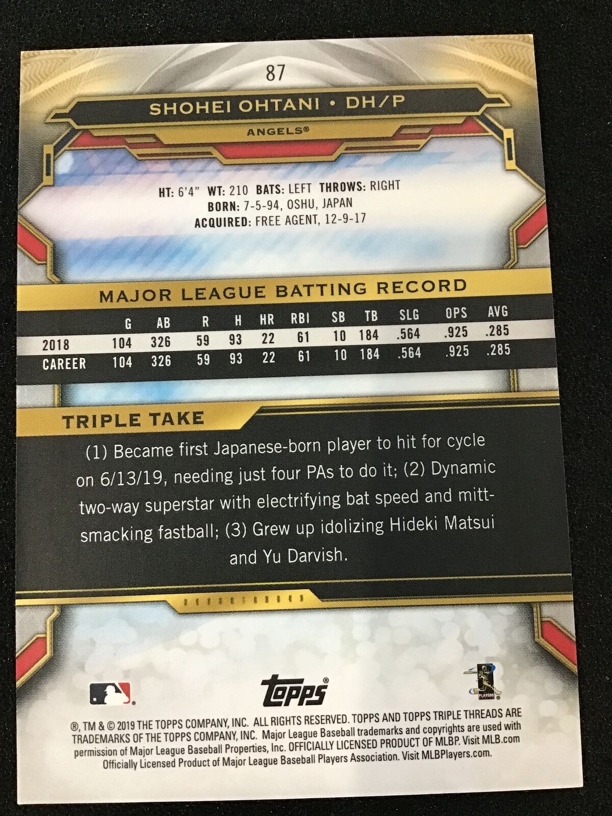 Shohei Ohtani 2019 Topps Triple Threads #87 Los Angeles Angels - Image 2