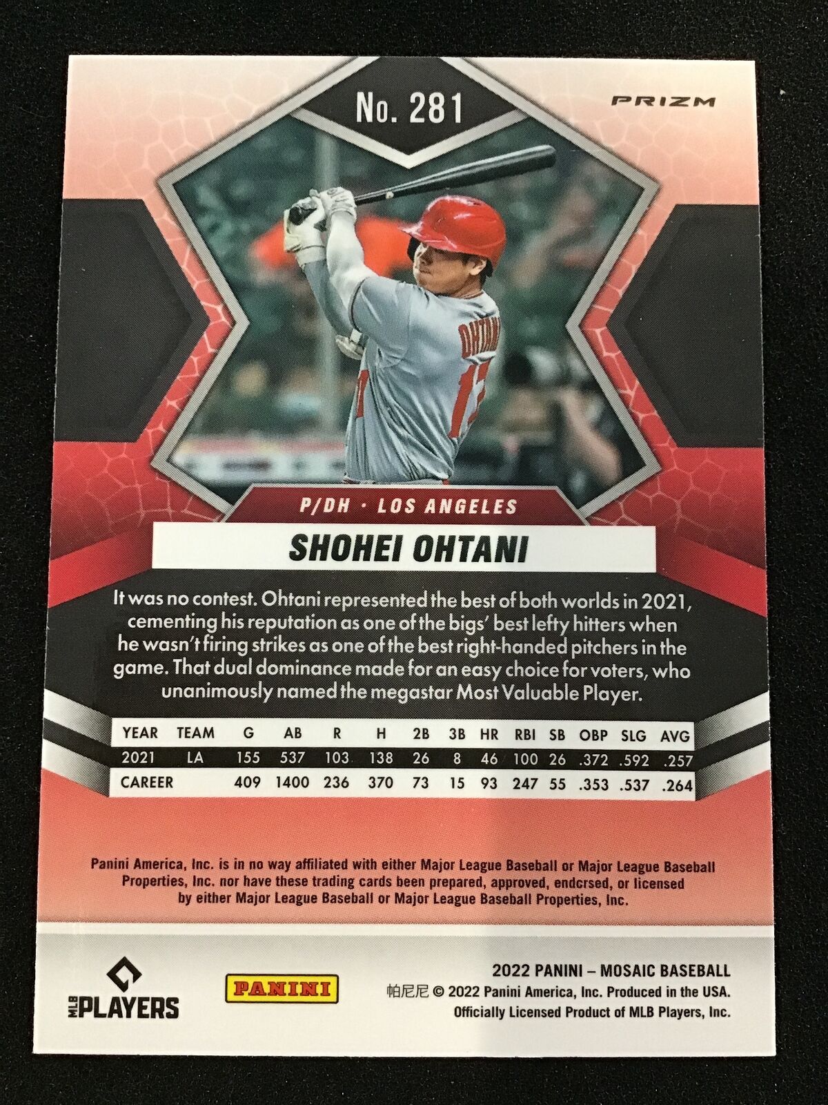 Shohei Ohtani 2022 Panini Mosaic #1281 Pink Prizm MVP Angels - Image 2