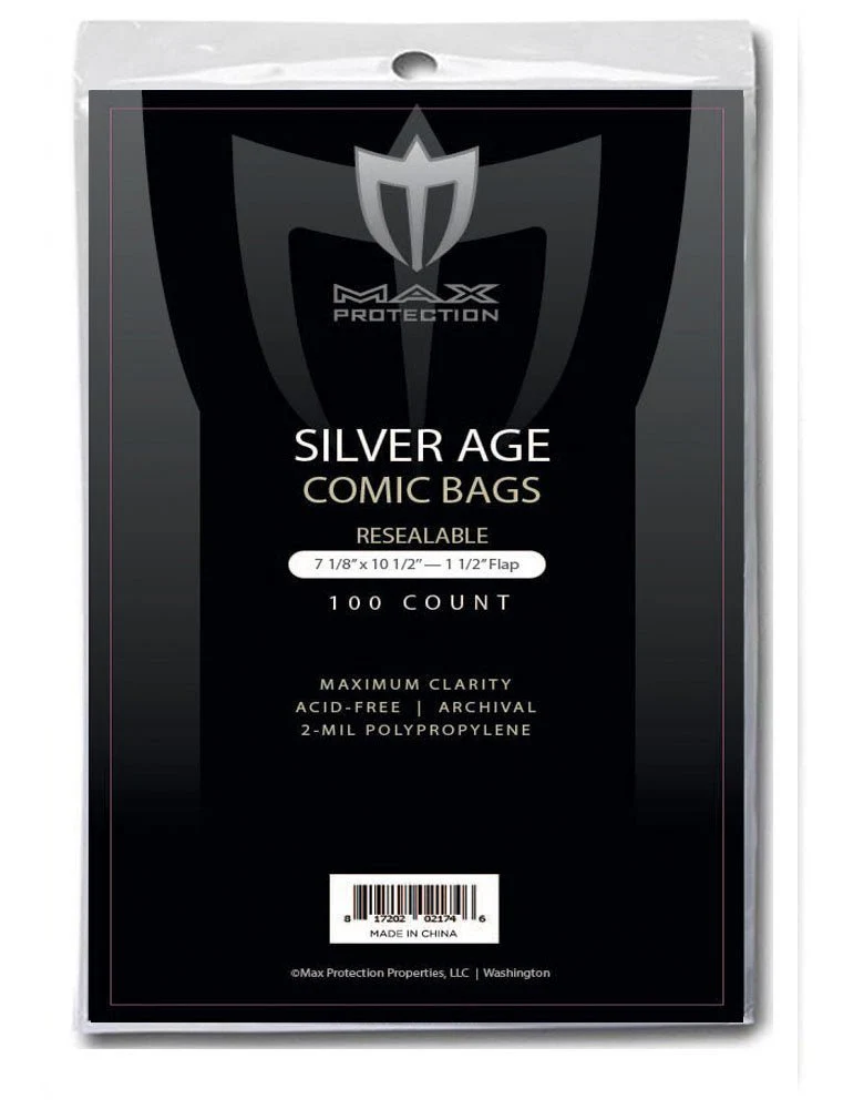 100ct Pack Silver Comic Bags - Resealable - 7-1/8x10-1/2
