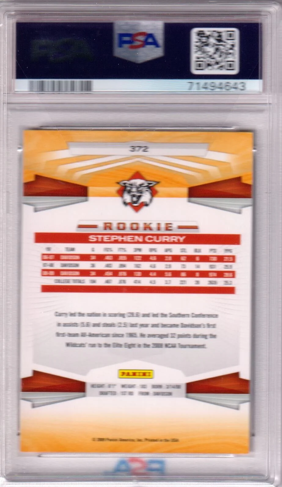 STEPHEN STEPH CURRY 2009-10 Panini RC Rookie #372 PSA 9 MINT - WARRIORS - Image 2