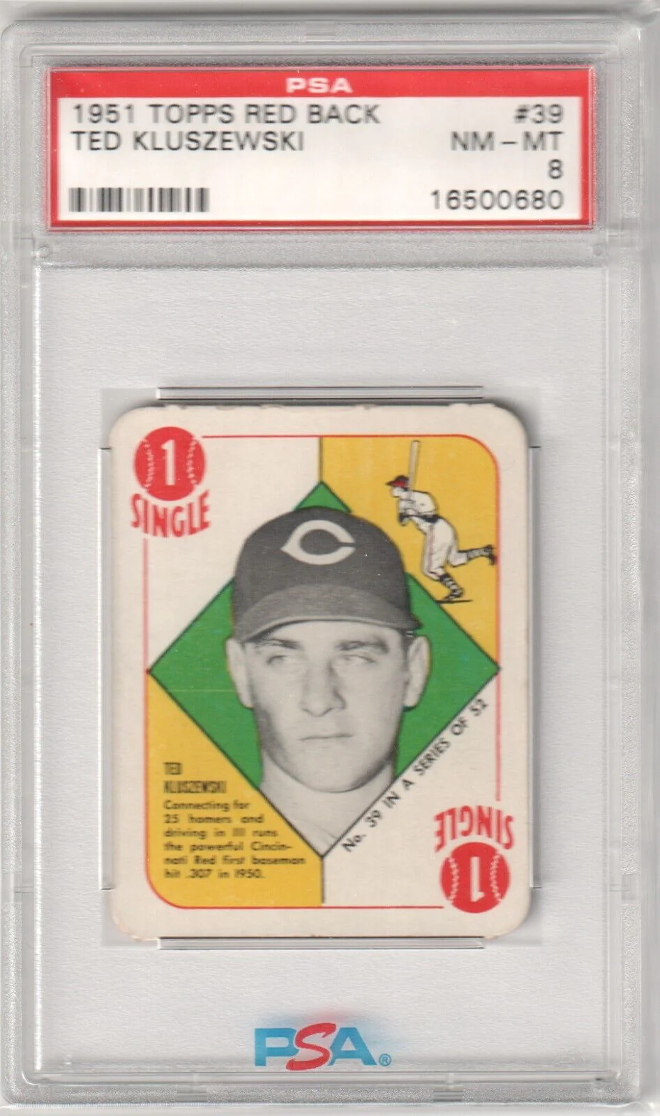 TED KLUSZEWSKI 1951 Topps Red Back #39 PSA 8 NM-MT - REDS
