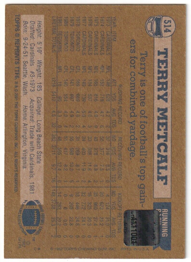 TERRY METCALF 2001 Topps Team Legends Autograph Auto - REDSKINS - Image 2