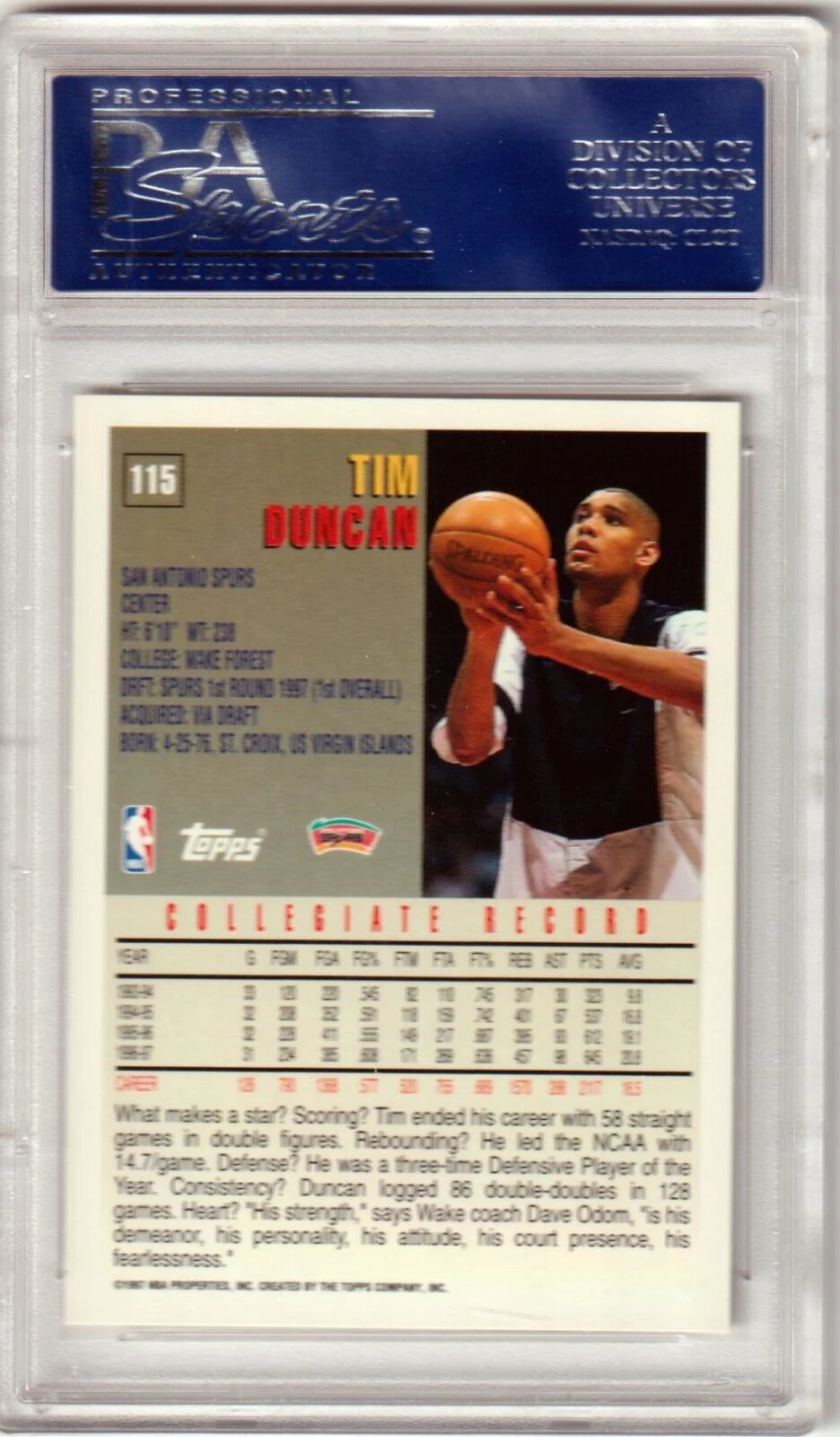 TIM DUNCAN 1997-98 Topps Rookie RC #115 PSA GEM MINT - SPURS - Image 2