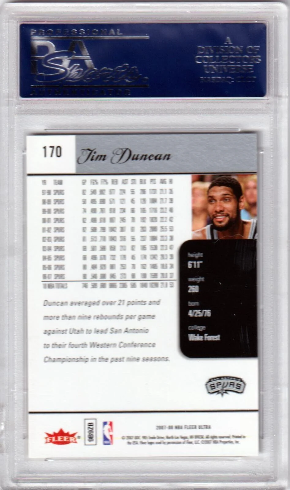 TIM DUNCAN 2007-08 Fleer Ultra #170 PSA 10 GEM MINT - SPURS POP 6 - Image 2