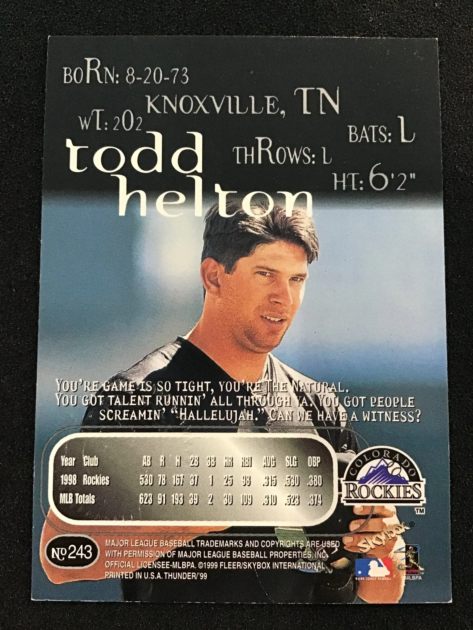 Todd Helton 1999 SkyBox Thunder Auto #243 Colorado Rockies - Image 2