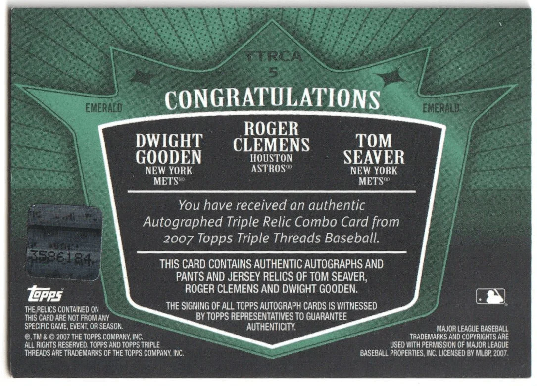 TOM SEAVER DWIGHT GOODEN ROGER CLEMENS 2007 Topps Triple Threads Autograph #/18 - Image 2