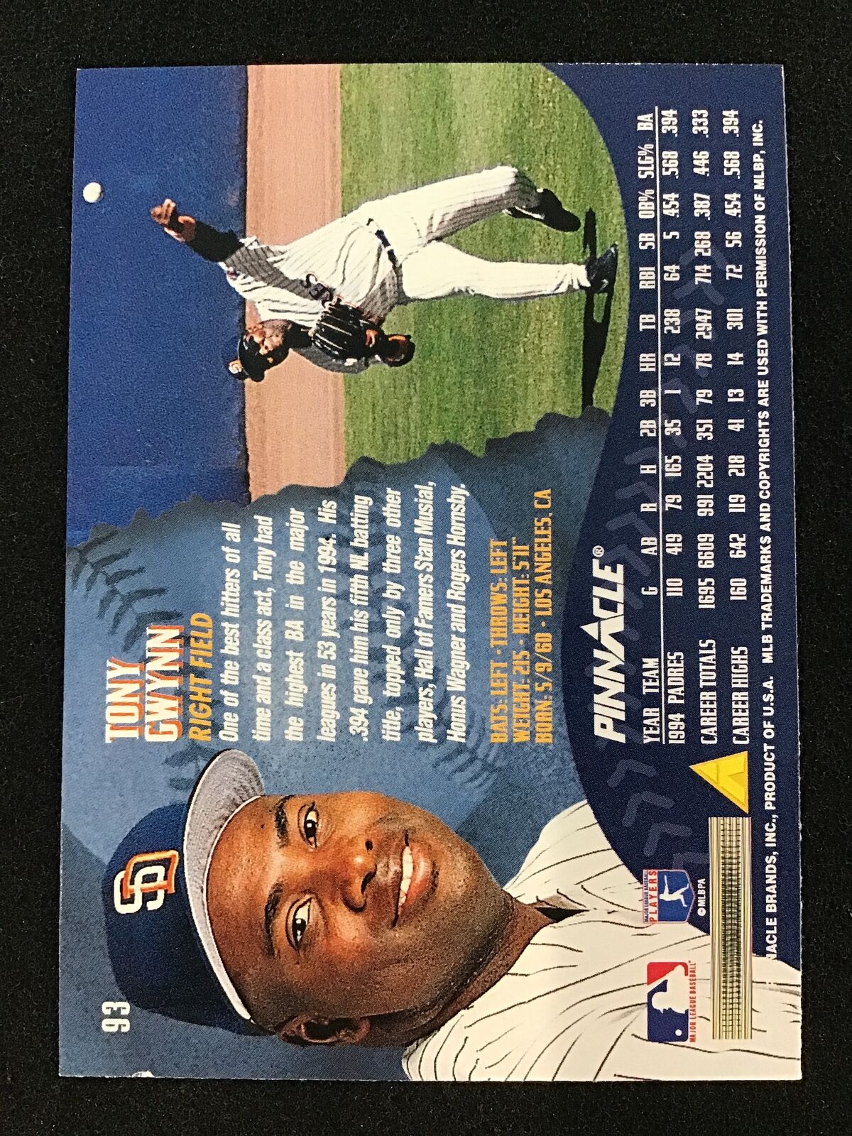 Tony Gwynn 1995 Pinnacle #93 Artist's Proofs San Diego Padres - Image 2