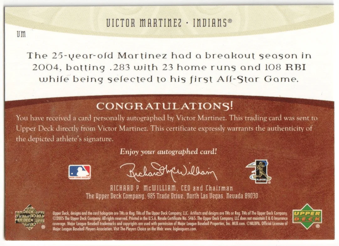 VICTOR MARTINEZ 2005 Upper Deck Artifacts Autograph Auto #/599 - INDIANS - Image 2