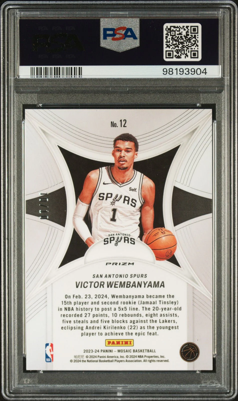 VICTOR WEMBANYAMA 2023 Panini Mosaic Epic RC Pink Fluorescent PSA 10 GEM Pop 3 - Image 2