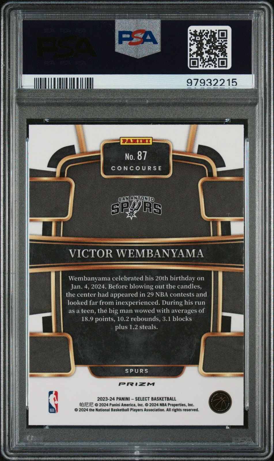 VICTOR WEMBANYAMA 2023 Panini Select RC Rookie #87 Silver Prizm PSA 9 MINT - Image 2