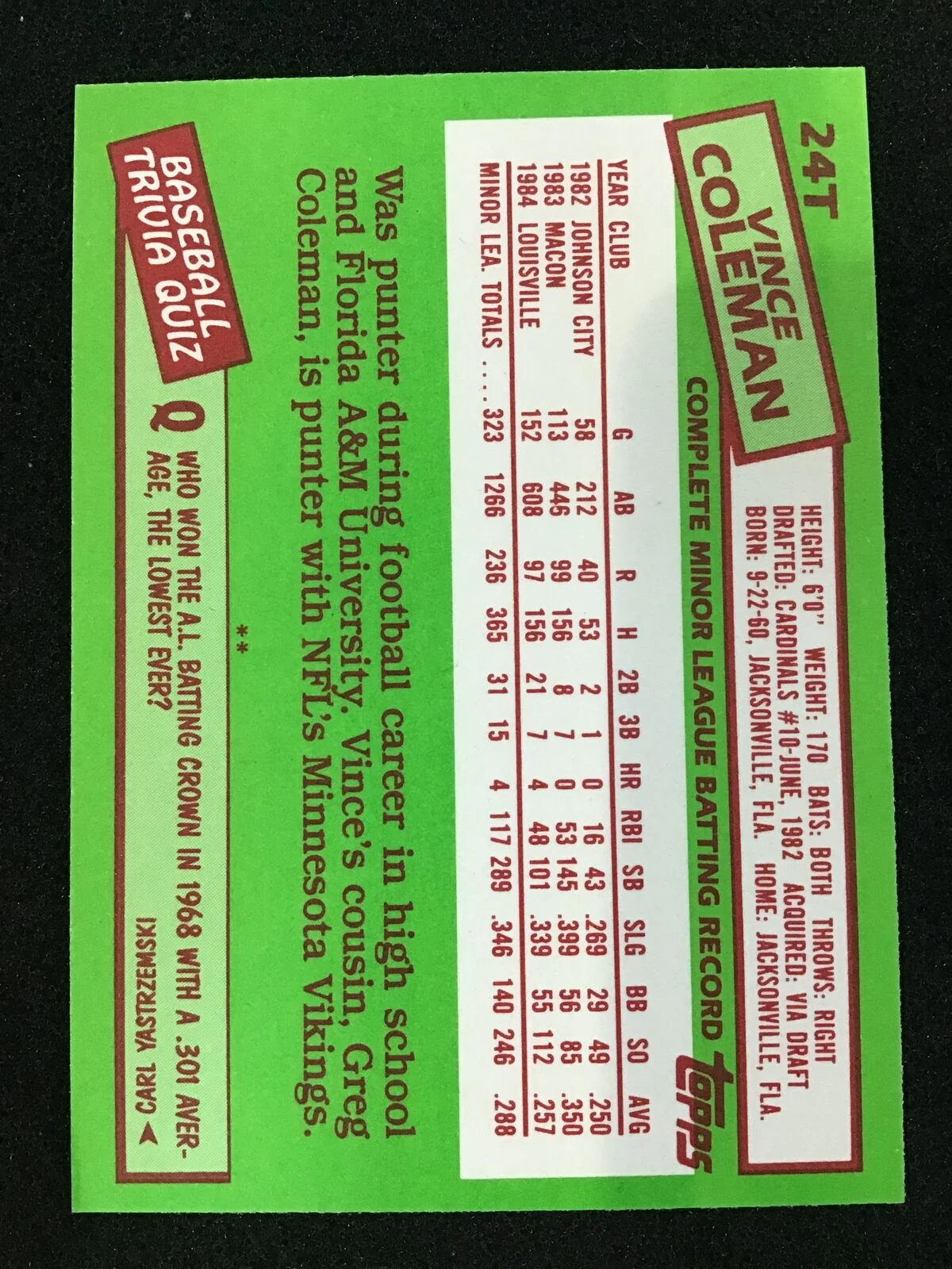 Vince Coleman 1985 Topps Traded RC #24T St. Louis Cardinals - Image 2